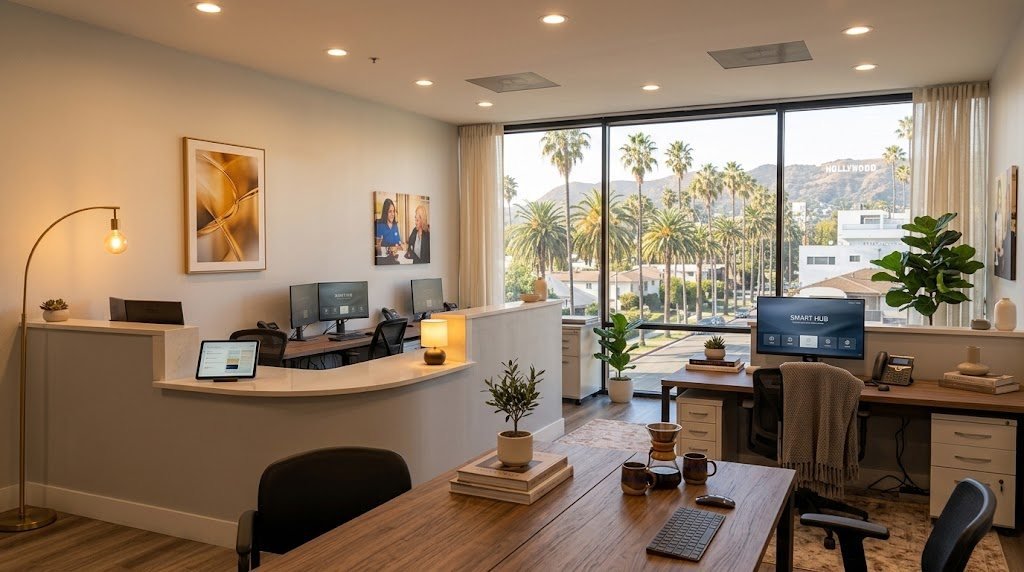 A bright office with a curved reception desk, workstations, and floor-to-ceiling windows looking out on palm trees and the Hollywood Hills.